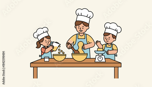 A cooking class scenario where young learners are carefully measuring ingredients and mixing dough with adult supervision.
