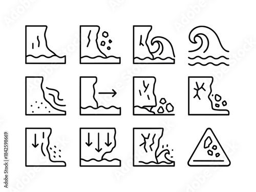 Coastal Erosion Icons. Coastal Erosion. Line icon set of Coastal