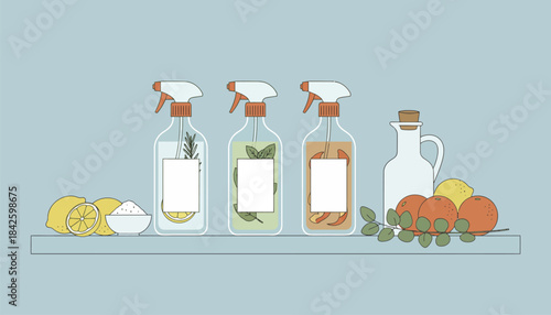 A kitchen countertop showcasing a DIY cleaning supplies station with glass spray bottles and natural ingredients promoting chemicalfree living.