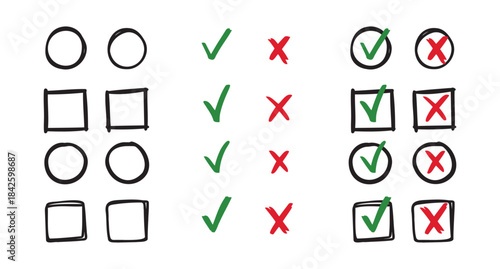 Check and cancel signs doodle icons. yes and no signs on circle and square hand drawn doodle signs. 