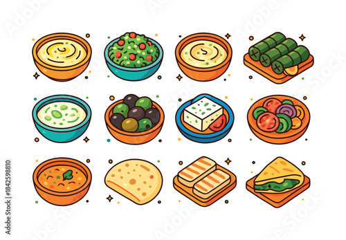 Mediterranean Feast Icons. Mediterranean dishes. Colorful isomet
