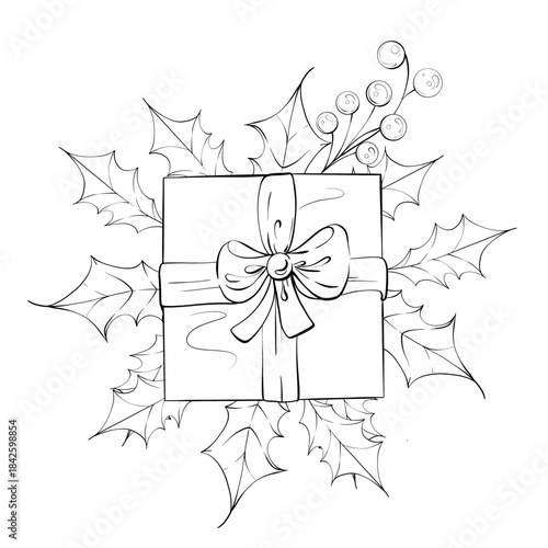 Gift Wrapped in Festive Holly Adorned With Ribbon and Berries Simple Outline Perfect for Holiday Decoration or Coloring Activity Creating a Cheerful Atmosphere During Winter Celebrations