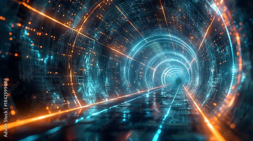 Obraz premium Digital mesh tunnel spiraling forward with neon highlights