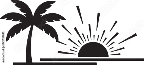 Tropical Beach Wave with Palm Tree Silhouette Vector Design