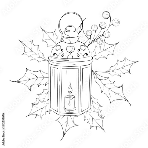 Candle Lantern With Holly Leaves and Berries Festive Winter Decoration Hand Drawn Style Cozy Atmosphere Inviting Warmth