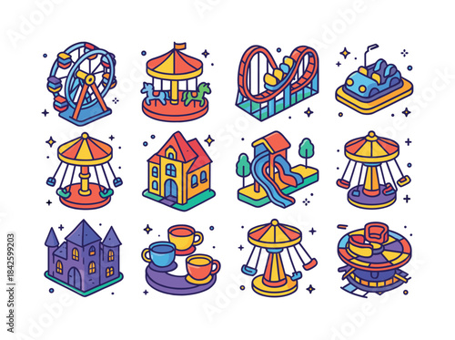 Carnival Ride Icons. Carnival Rides. Colorful isometric vector i