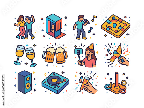 Colorful Party Icons. Party Activities. Colorful isometric vecto