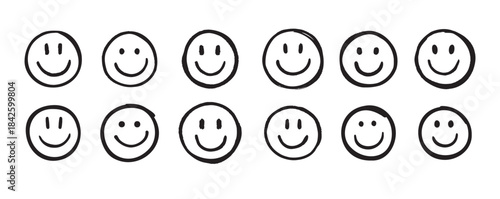 Smile face Doodle sketch style icon set. Smiling face hand drawn, happy emotion concept.