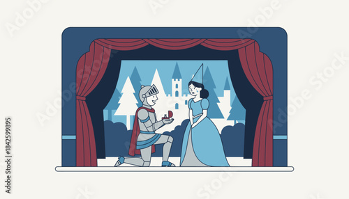 A theater stage backdrop where one partner dresses up as their favorite character and proposes dramatically during a rehearsal for a play.