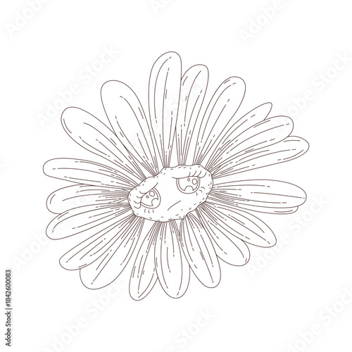 Groovy sad flower character with unhappy frustrated expression vector illustration