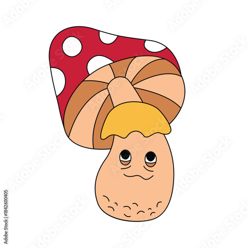 Groovy psychedelic magic mushroom character, fly agaric with trippy face and hat vector illustration