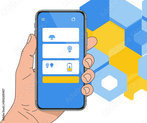 A hand holds a smartphone displaying an energy dashboard with solar and electric usage. Bright, modern illustration with geometric shapes. Focus on control and sustainability.