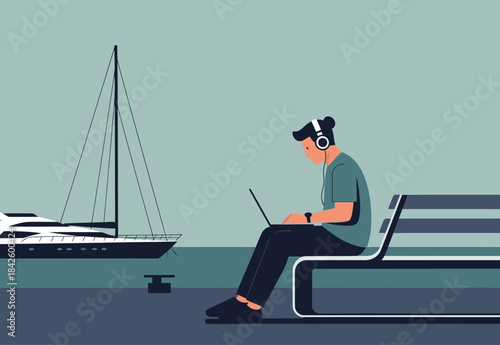 A man focuses on his laptop while listening to music, seated on a bench overlooking a sailboat. A serene, productive workspace scene.