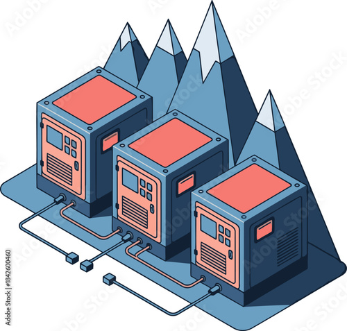 Isometric illustration of scalable tech ? three servers rising from a base, resembling mountains. Modern, digital, and visually impactful, ideal for business and technology concepts.
