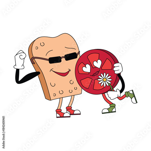 Groovy psychedelic love food couple, hugs of toast bread and tomato round slice vector illustration