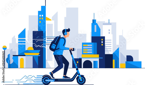 man rides an electric scooter through a modern cityscape He-s wearing headphones and a backpack moving with purpose Vibrant colors and a dynamic composition create a visually appealing scene