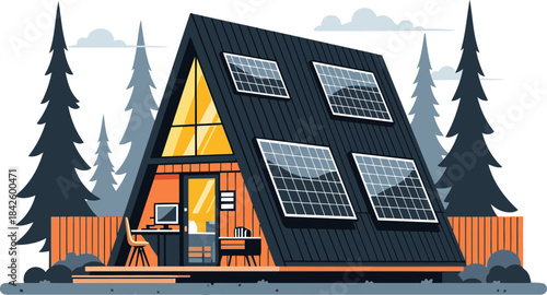 modern A-frame retreat blends nature and technology Solar panels a desk and a serene outdoor setting create a focus on sustainable living and digital work  Ideal for lifestyle and business visuals