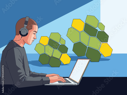A young man works intently on a laptop, surrounded by abstract green hexagons. He wears headphones, suggesting focused work. Modern, vibrant workspace. Work Green Live.