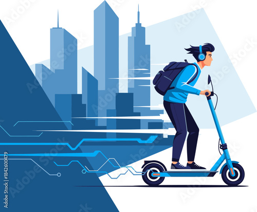 A young man rides an electric scooter through a city skyline. He?s wearing headphones and carrying a backpack, conveying a sense of purpose and urban mobility. Modern, vibrant illustration.