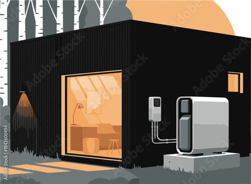 A modern, black modular home features a bright interior and hydrogen fueling station. It?s a stylish, sustainable design, perfect for remote work or a peaceful retreat. Focus Fueled Daily.
