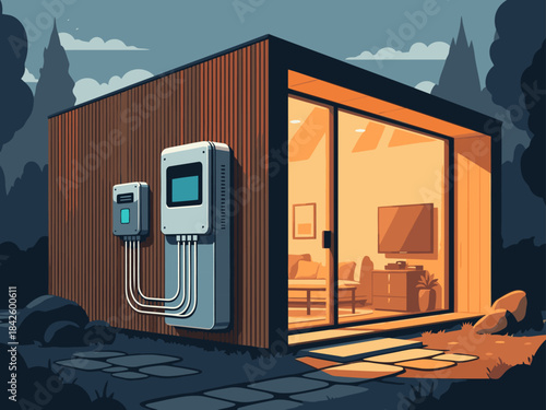 A modern, illuminated tiny home showcases sustainable energy with solar panels. Warm interior lighting highlights a cozy living space.  Stylish and inviting, perfect for eco-friendly design concepts.