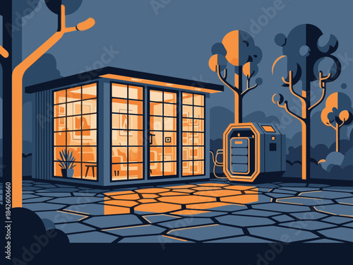 A modern, illuminated container office glows warmly amidst a stylized park setting. The composition highlights its sleek design and inviting interior, perfect for business or creative spaces.