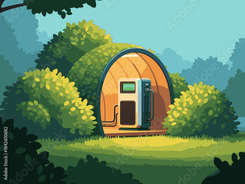 modern secluded pod nestled in a lush forest featuring a charging station This visually appealing scene evokes nature and technology perfect for lifestyle and wellness themes Ideal for commercial use