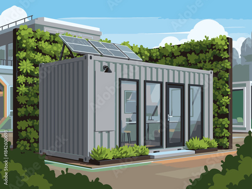 Modern shipping container office with solar panels and green wall. Bright, inviting workspace. Ideal for sustainable design and future concepts. Clean, contemporary aesthetic.