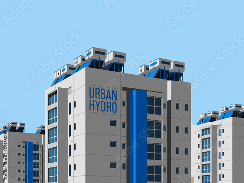 Modern urban building with 'Urban Hydro' signage. Clean, geometric design against a bright blue sky. Suitable for commercial use and cityscapes.