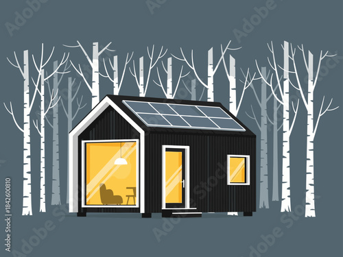 modern tiny house with solar panels nestled in a birch forest The design features large windows and a minimalist aesthetic evoking a peaceful sustainable lifestyle