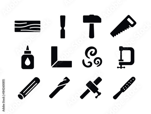 DIY Woodworking Icons. DIY Woodworking Projects. Solid icon set