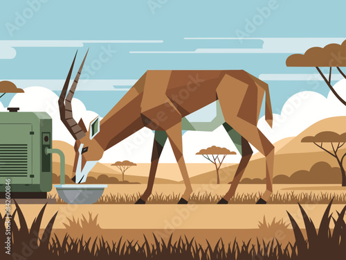 An Oryx drinks from a water trough near a generator, illustrating Eco Balance. A stylized, geometric illustration evokes harmony between wildlife and technology.  Clean, modern design.