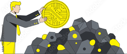 A professional man carefully examines a circuit board amidst a pile of rocks, symbolizing investment in the future. Modern, minimalist illustration.