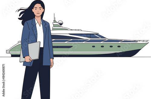 A professional woman stands confidently beside a luxury yacht, holding a laptop. Modern, stylish, and conveying success. Ideal for business and travel themes.