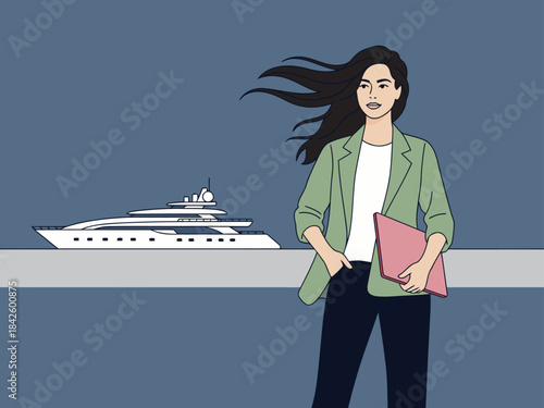 A professional woman stands confidently near a luxury yacht, holding a laptop. Modern, stylish, and dynamic, ideal for business or lifestyle visuals.