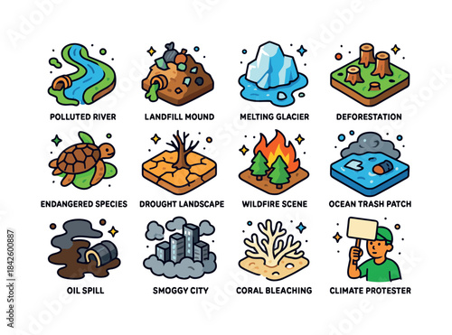 Environmental Icons Collection. Environmental issues. Colorful i