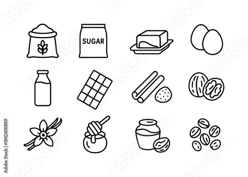 Holiday Baking Icons. Holiday baking ingredients. Line icon set