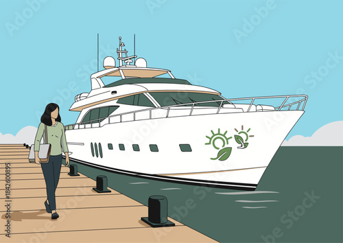 A professional woman walks towards a luxury yacht docked at a pier. She carries a briefcase, suggesting work and travel. Modern, stylish, and serene.