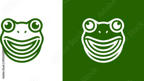 Cute frog face illustration, cartoon style, friendly expression, green and white background
