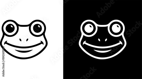 Simple black and white line art icons depicting a happy frog face on contrasting backgrounds