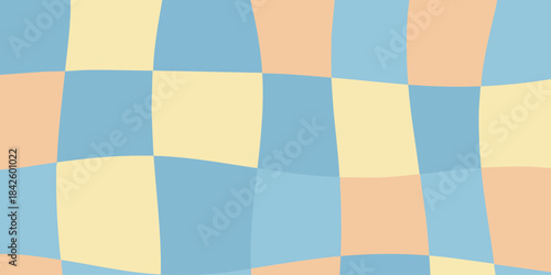 Wavy Pastel Checkerboard Pattern Background with Distorted Grid in Soft Blue, Yellow, and Orange Hues for Modern Designs and Gentle Aesthetics