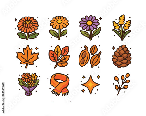 Autumn Floral Icons. autumn flowers. Colorful isometric vector i