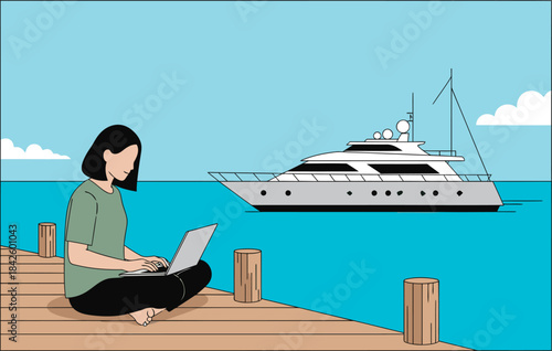 A woman works on a laptop on a dock, overlooking a luxury yacht.  She embodies freedom and remote work.  Modern, minimalist style.