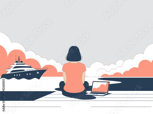 A woman sits on a deck, gazing at a luxury yacht, working on a laptop. A serene, modern scene evokes aspiration and remote work possibilities. Soft colors and a minimalist aesthetic.