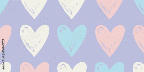 Abstract vector background with delicate hand-drawn hearts in a soft pastel color palette of baby blue, blush pink, and creamy white against a serene purple backdrop, celebrating affection and unity