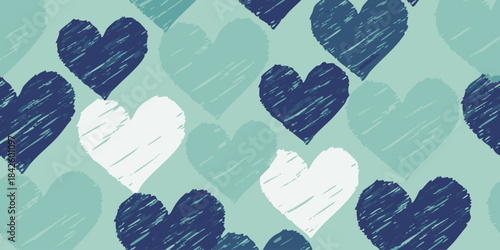 Expressive and heartwarming seamless pattern featuring a charming array of hand-sketched hearts in serene blue and crisp white tones, evoking feelings of love and affection