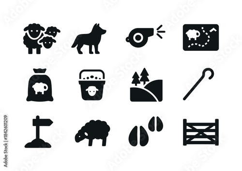 Sheep Herding Icons. Sheep herding. Solid icon set of sheep herd