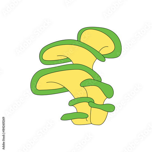 Groovy psychedelic hippie mushroom, yellow green forest toadstools bunch vector illustration