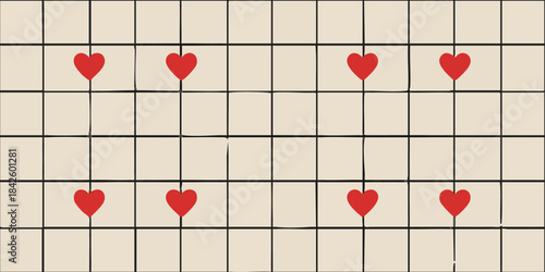 Heart-shaped icon grid, a delightful and symmetrical design with eight bright red hearts on a cream-colored background with grid lines