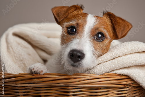 a photorealistic photograph of a jack russell terrier dog sitting in an elegant wicker basket, with its head resting on the edge,